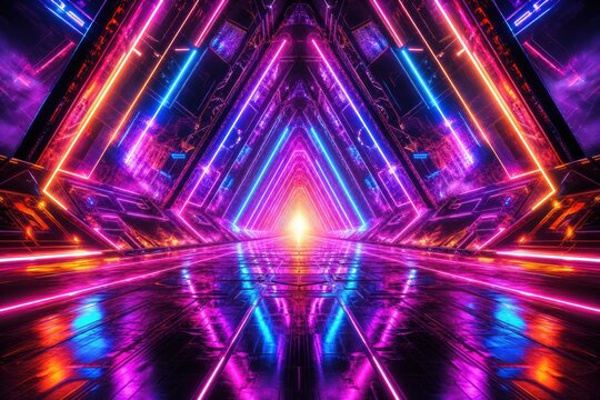 Futuristic triangular neon light tunnel corridor with vibrant purple and blue glowing lines leading to a bright central light source in a sci-fi synthwave aesthetic environment