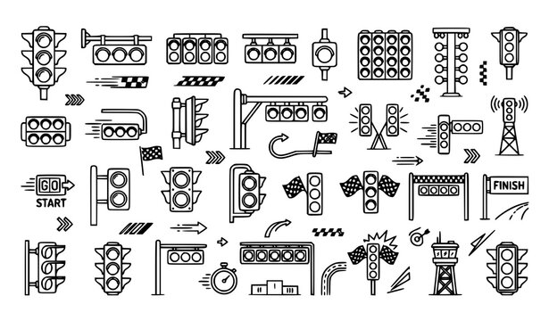 Traffic control icons set signals signs and road markings illustration