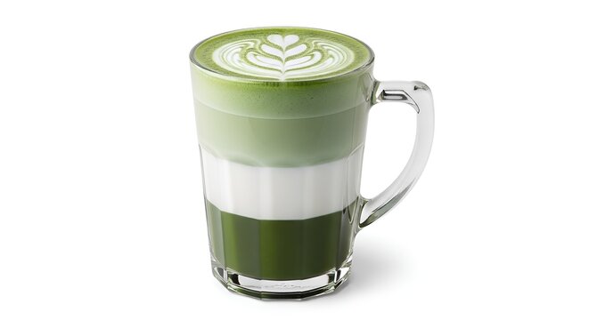 Layered matcha green tea latte in a tall glass mug with beverage caffeine refreshing japanese
