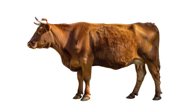 Brown cow with horns standing profile view