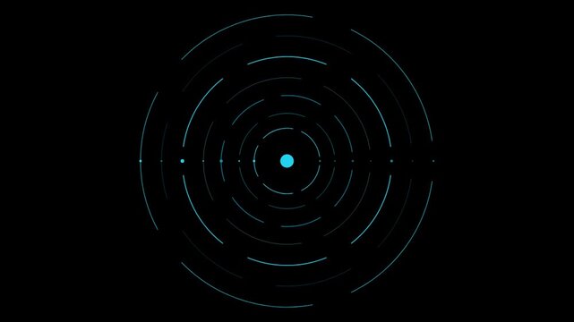 Abstract digital hud interface with rotating concentric circles and data particles animation