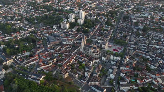 Aerial view beside the old town of the city Cholet, France on a sunny summer early morning.