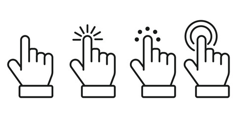 Fototapeta premium Click here icon set, Hand clicking, finger, Touch screen, pointer, cursor, gesture symbols