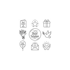 Fototapeta premium Best Wishes Icon Set: A collection of stylized line icons representing good wishes, including a card, star, gift, bouquet, dove, envelope, balloon, and hands holding a heart.