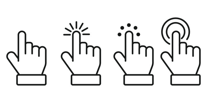 Click here icon set, Hand clicking, finger, Touch screen, pointer, cursor, gesture symbols
