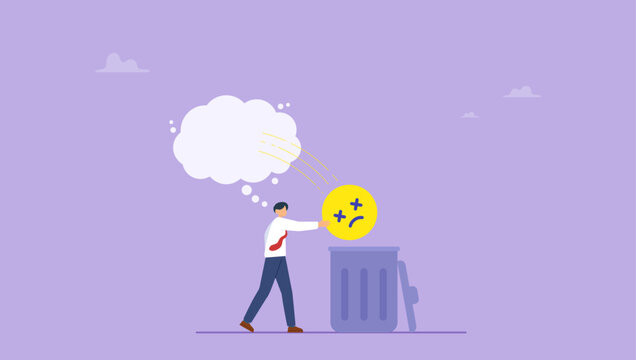 Businessman throws negative thoughts out of his brain. Take away suffering concept, emotional or mental problem.