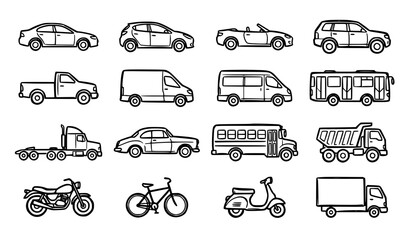 Collection of various vehicle types in simple line art © Najma