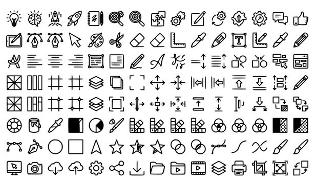 Extensive collection of black and white line icons for user interface design