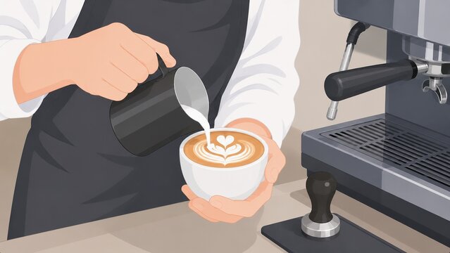 エスプレッソマシンの横でピッチャーからミルクを注ぎコーヒーカップに美しいラテアートを描くバリスタの手元のイラスト
