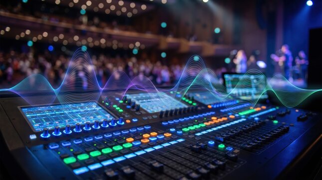 Professional digital audio mixing console with faders features colorful sound waves during a live music performance in a theater with a large audience and stage lights