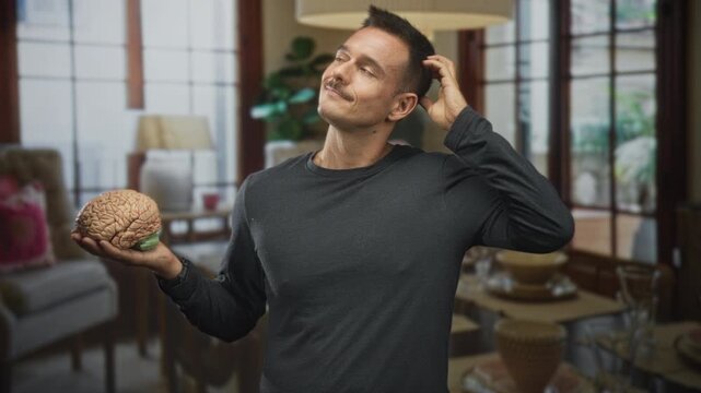 Man holding a model brain while scratching head in studio living room set, casual pose with visible hand gesture; curiosity thought.