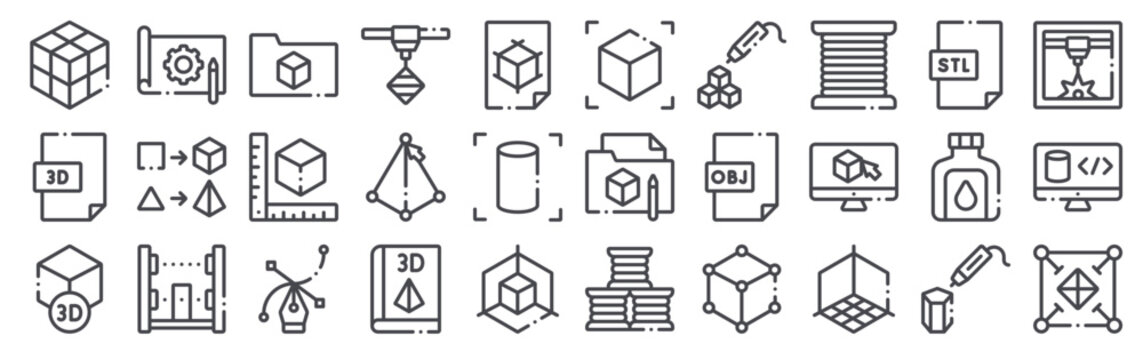 Pack of 30 linear 3D Printing web icons such as cube, d file, d from d printing collection, prototype, process. Editable vector stroke symbols