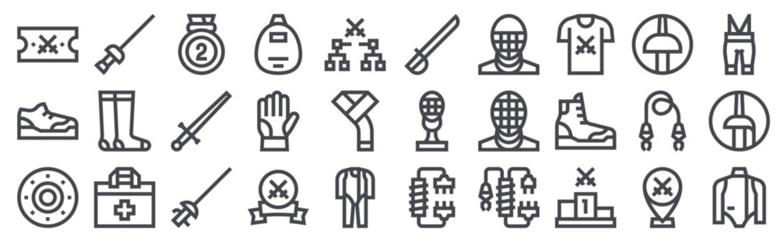 Pack of 30 linear Fencing web icons such as ticket, shoes, shield, epee, socks. Editable vector stroke symbols