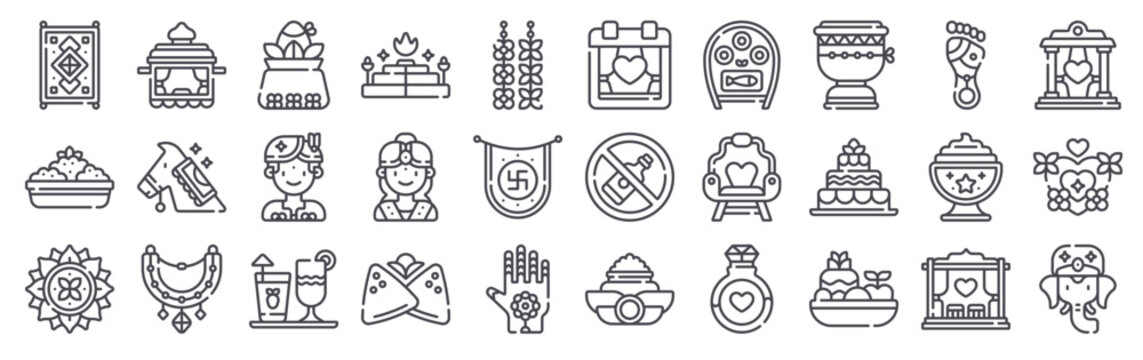 Pack of 30 linear Hindu Wedding web icons such as carpet, sooji halwa, mandala, doli, baraat. Editable vector stroke symbols