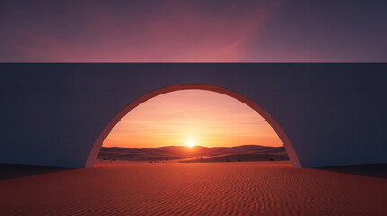 Obraz premium White minimalist concrete archway framing a vibrant red desert sunset, representing a gateway to new markets and future business expansion.