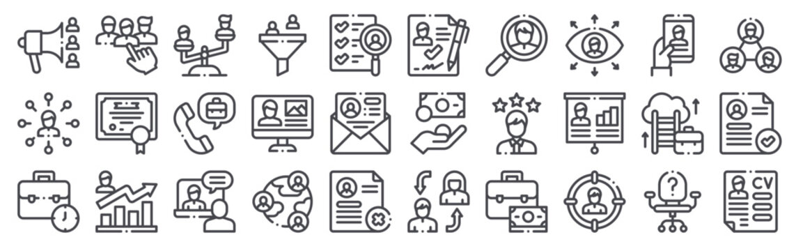 Pack of 30 linear Recruitment web icons such as recruitment, skills, Work time, candidate, degree. Editable vector stroke symbols