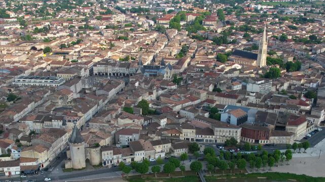Aerial view beside the old town of the city Libourne, France on a sunny summer noon