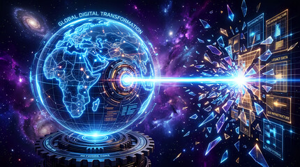 Fototapeta premium Futuristic holographic earth globe with digital data transmission beam in deep space, hologram