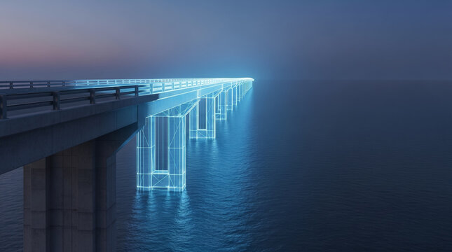 Concrete bridge extending into a glowing blue wireframe over a sea, representing digital twin technology and future infrastructure planning.
