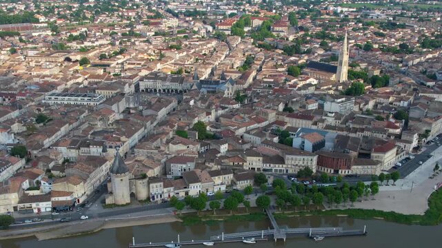 Aerial view beside the old town of the city Libourne, France on a sunny summer noon