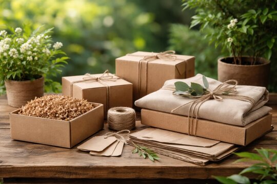 Materiales de embalaje ecol&oacute;gicos ordenados cuidadosamente para un env&iacute;o sostenible