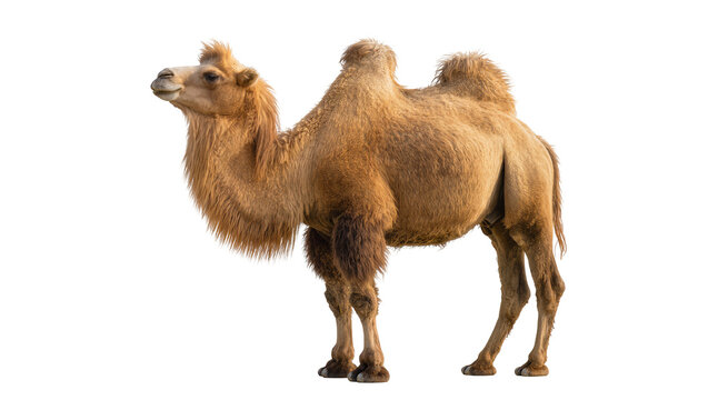 Dromedary camel with one hump tan fur, standing profile view