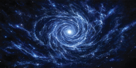 An abstract blue space background featuring a glowing spiral galaxy with a swirling vortex pattern, starry energy, and textured waves of light © Midul