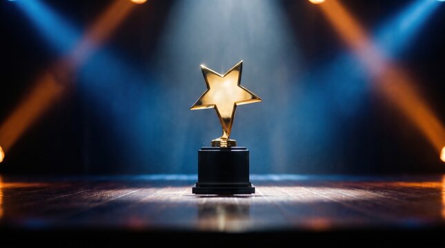 Golden star trophy award on wooden stage illuminated by dramatic spotlights for a prestigious ceremony celebrating excellence, success, and outstanding achievement in a competition