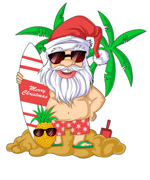 Funny Santa Claus on Summer Vacation Illustration, Christmas in July Tropical Beach Party Design