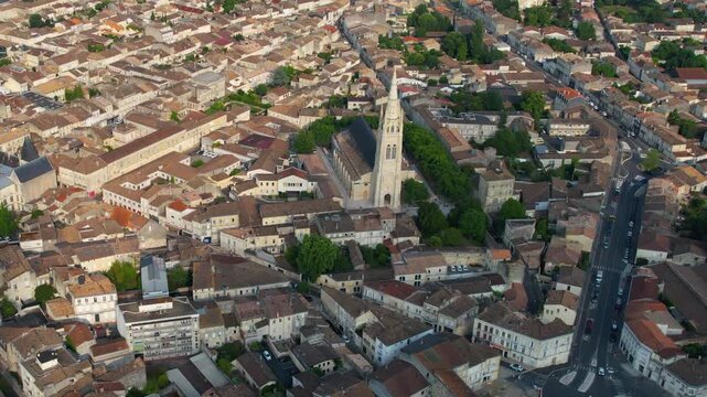 Aerial view beside the old town of the city Libourne, France on a sunny summer noon