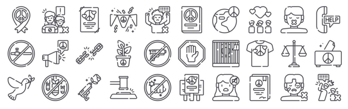 Pack of 30 linear International Day of Non Violence web icons such as ribbon, baton, pigeon, no violent protest, Broadcast. Editable vector stroke symbols