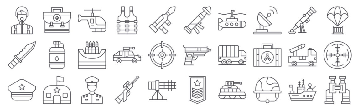 Pack of 30 linear Military web icons such as pilot, knife, hat, first aid kit, canteen. Editable vector stroke symbols