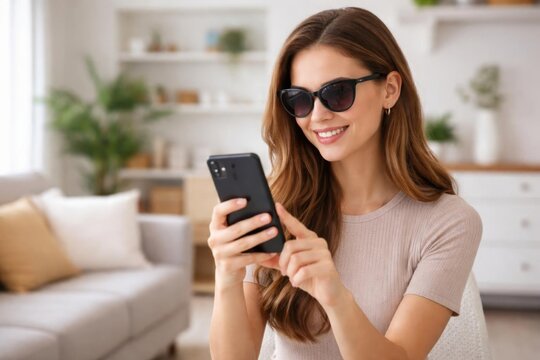 Una joven usa su tel&eacute;fono inteligente para probarse virtualmente unas gafas de sol a trav&eacute;s de una aplicaci&oacute;n de realidad aumentada
