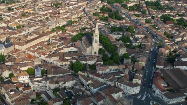 Aerial view beside the old town of the city Libourne, France on a sunny summer noon