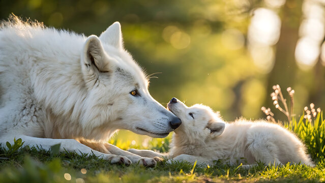 Arctic wolf nuzzling white wolf pup in golden forest sunlight with green foliage