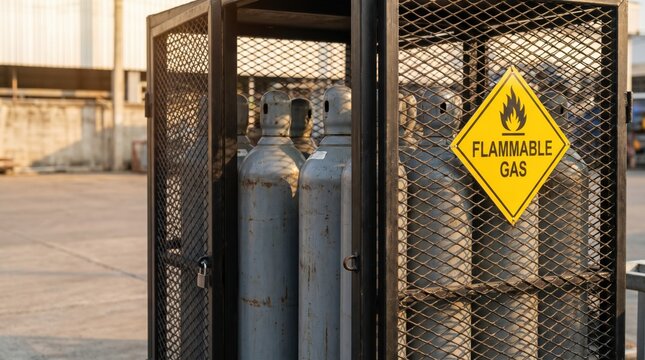 Industrial flammable gas cylinders in metal cage stored outdoors at a factory site with a yellow warning sign indicating hazardous materials and high pressure storage safety