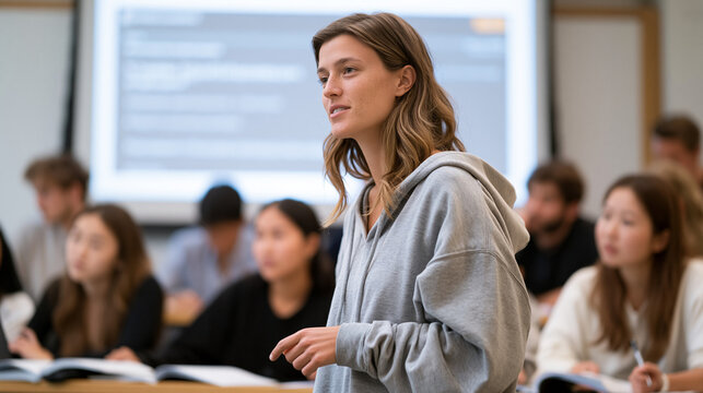 Graduate teaching assistant walks international student cohort through plagiarism detection AI tool interface on projected classroom screen, students from multiple countries