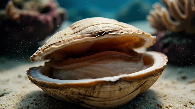 Open seashell on sandy ocean floor with coral reefs and underwater sunlight