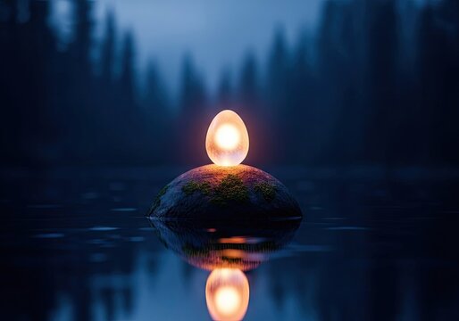 Glowing orb on rock in water tranquil scene with reflections and atmospheric lighting