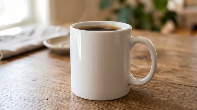 Steaming hot cup of black coffee in a white ceramic mug on a rustic wooden table