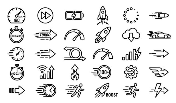 Digital dashboard speedometer and performance speed linear vector icon set with fast loading and rocket launch line symbols