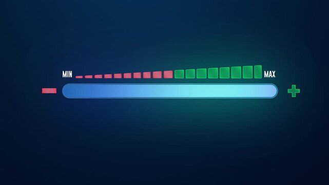 Minimalist digital UI status bar increasing value from MIN to MAX with glowing neon light animation 4k