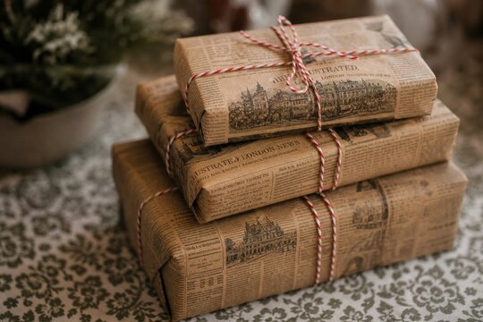 Three vintage style wrapped gift boxes stacked together with rustic brown newspaper print paper and red and white baker twine for a festive holiday celebration and gift giving
