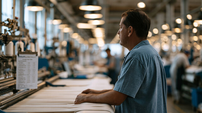 Industrial textile mill floor where floor supervisor uses posted default option nudge system to guide shift decisions, laminated choice architecture card beside equipment, workers