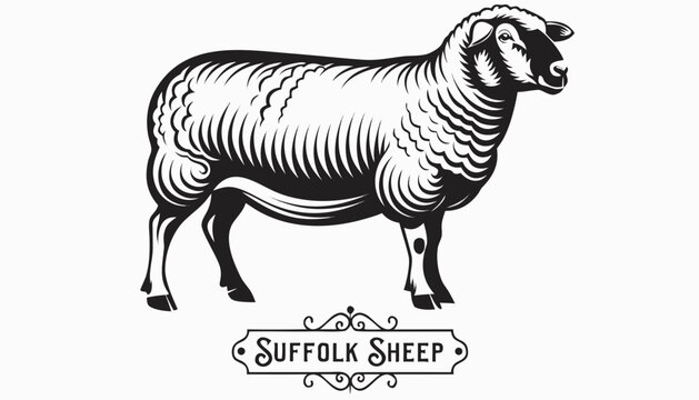 Very beautiful black-and-white engraved vector illustration featuring a SUFFOLK SHEEP with detailed wool textures and a decorative breed label reading "SUFFOLK SHEEP", isolated on white background.