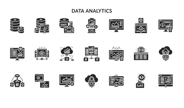 Data analytics and big data solid icon set vector illustration