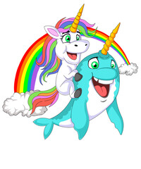 Cute Unicorn Riding Narwhal Illustration, Magical Sea Creature and Fantasy Animal Mascot with Rainbow Design © Totu Tayo