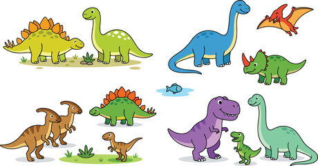 Cute Cartoon Dinosaur Vector Collection with Prehistoric Animals and Baby Dino Characters for Kids Designs © MDABDUL