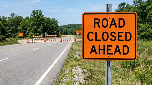 Road closed ahead sign with barricades on a sunny day with trees