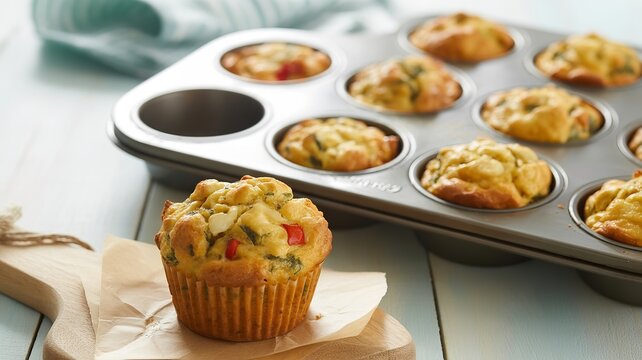 Tray of savory vegetable muffins with herbs on wooden board in homely kitchen setting showcasing baked food texture and color